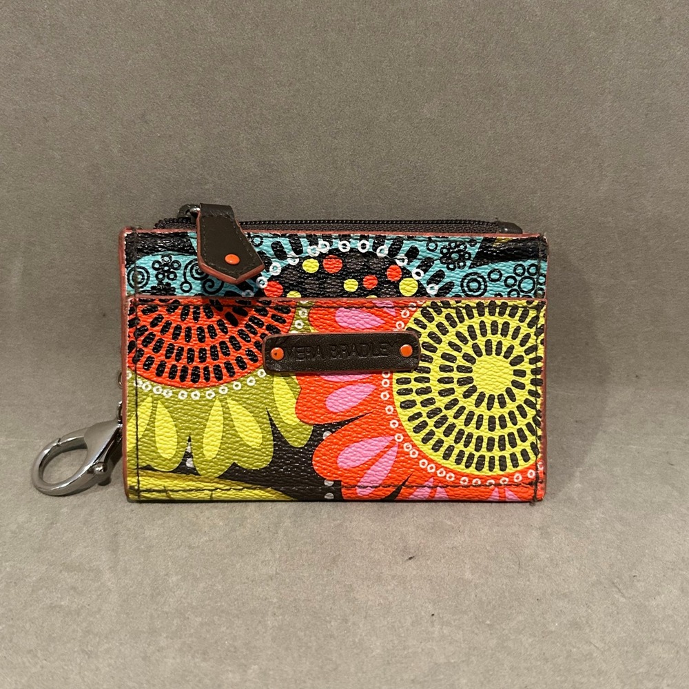 Vera Bradley Floral Zip Card Case Wallet Keychain Multicolor Faux Leather